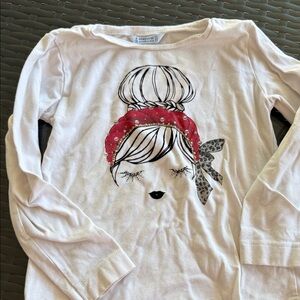 Mayoral White Long-Sleeve Top with Red Headscarf and Gray Bow Graphic